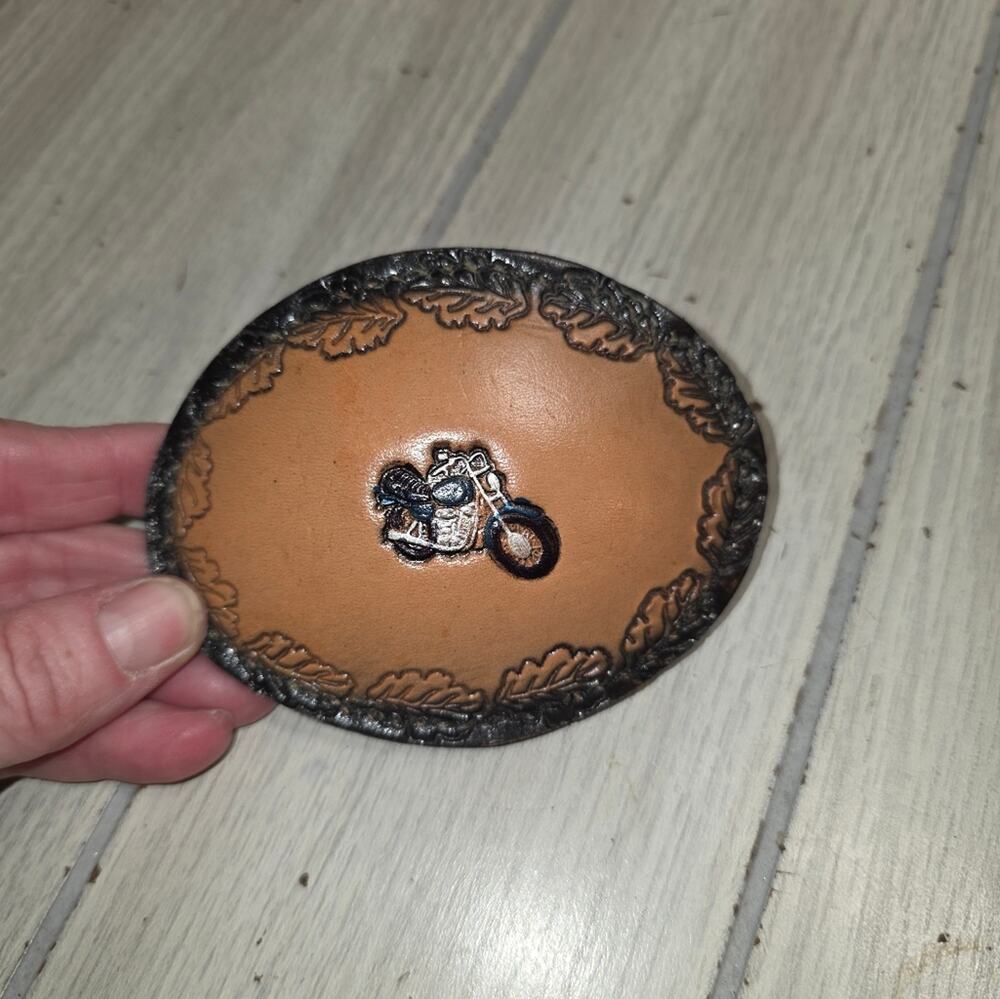 Vtg Tooled Brown Leather Motorcycle Belt Buckle Oval Embossed Western 4" Biker